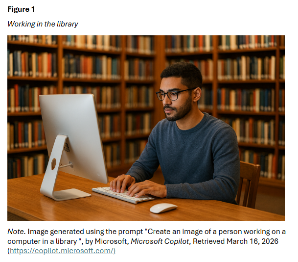 AI generated image of a person working in a library